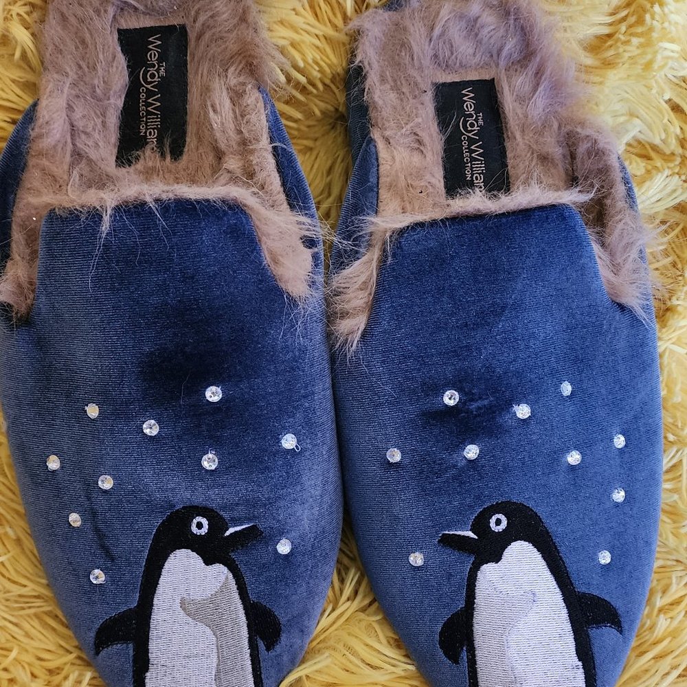 Wendy Williams Penguin Faux Fur Blue Slippers